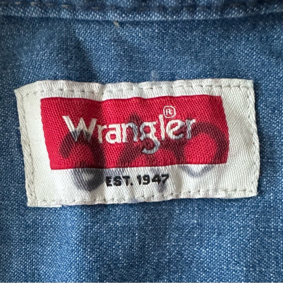 WRANGLER Denim Long Sleeve Button-Down 2 Pocket Work Shirt Blue Men’s XL Stretch - Picture 10 of 16